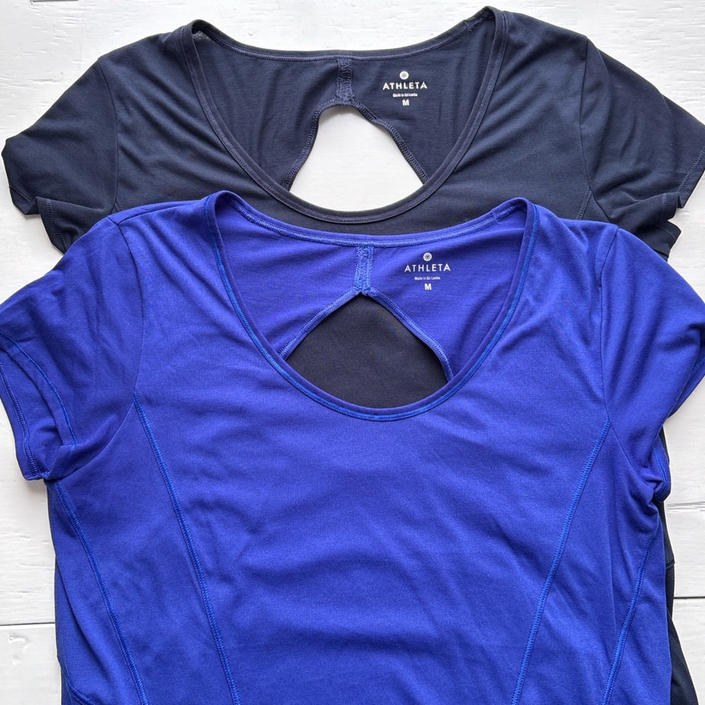 Athleta 2 Pack Women M Short Sleeve Active Top Blue Navy Back Cutout Workout